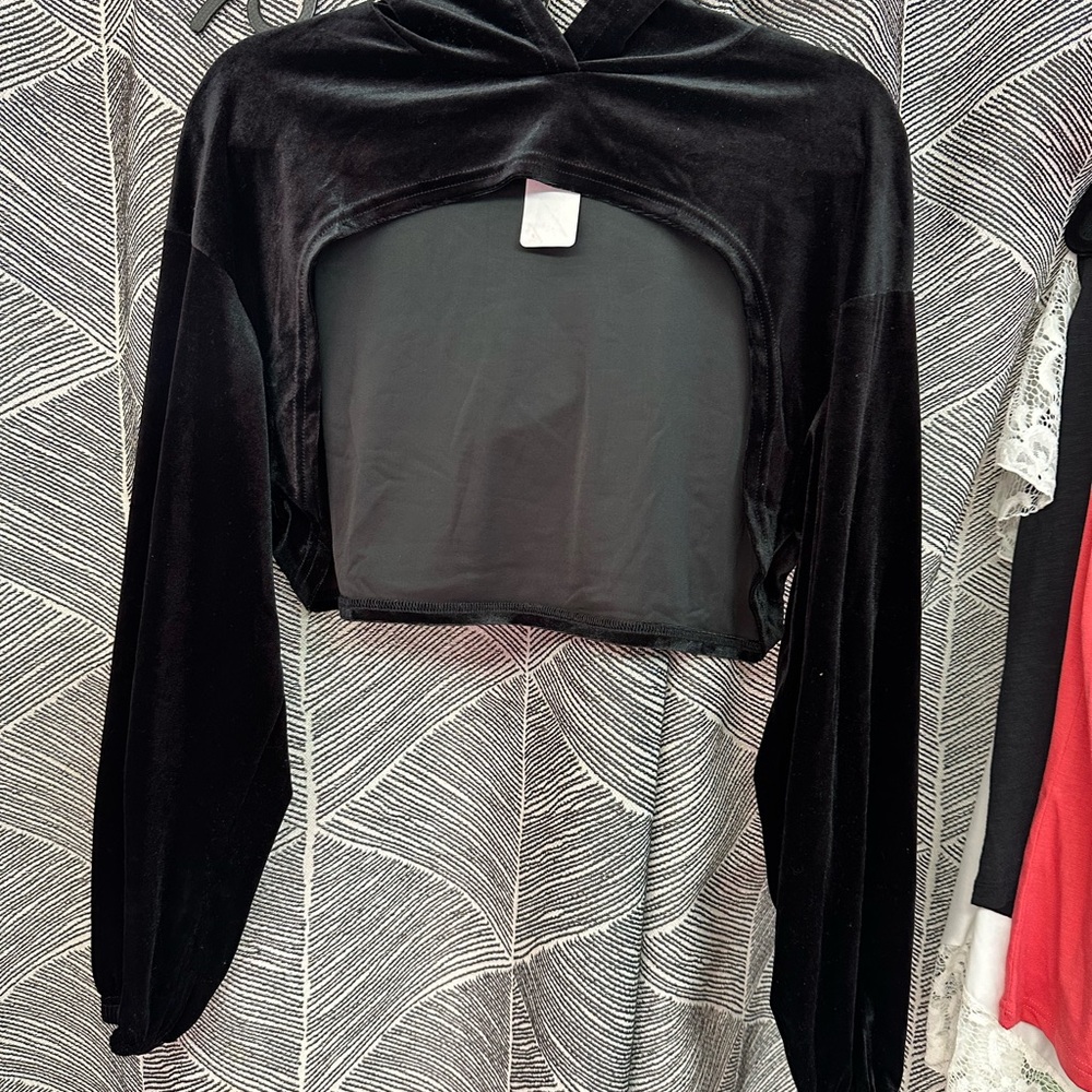 Wild Fable Cropped Sweater Womens M Black Hooded Open Front Long Sleeve <<263>> - Picture 2 of 8